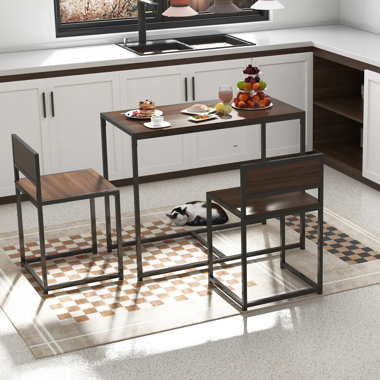 Modern Rectangular Brown MDF 3-Piece Dining Table Set - Omega Lifestyles