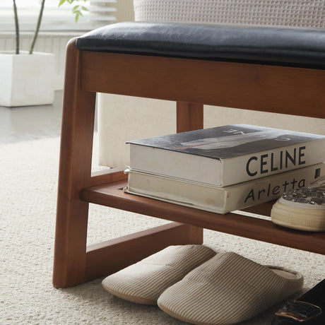 Walnut Rubber Wood Shoe Stool With Flip-Top Storage Bench - Omega Lifestyles
