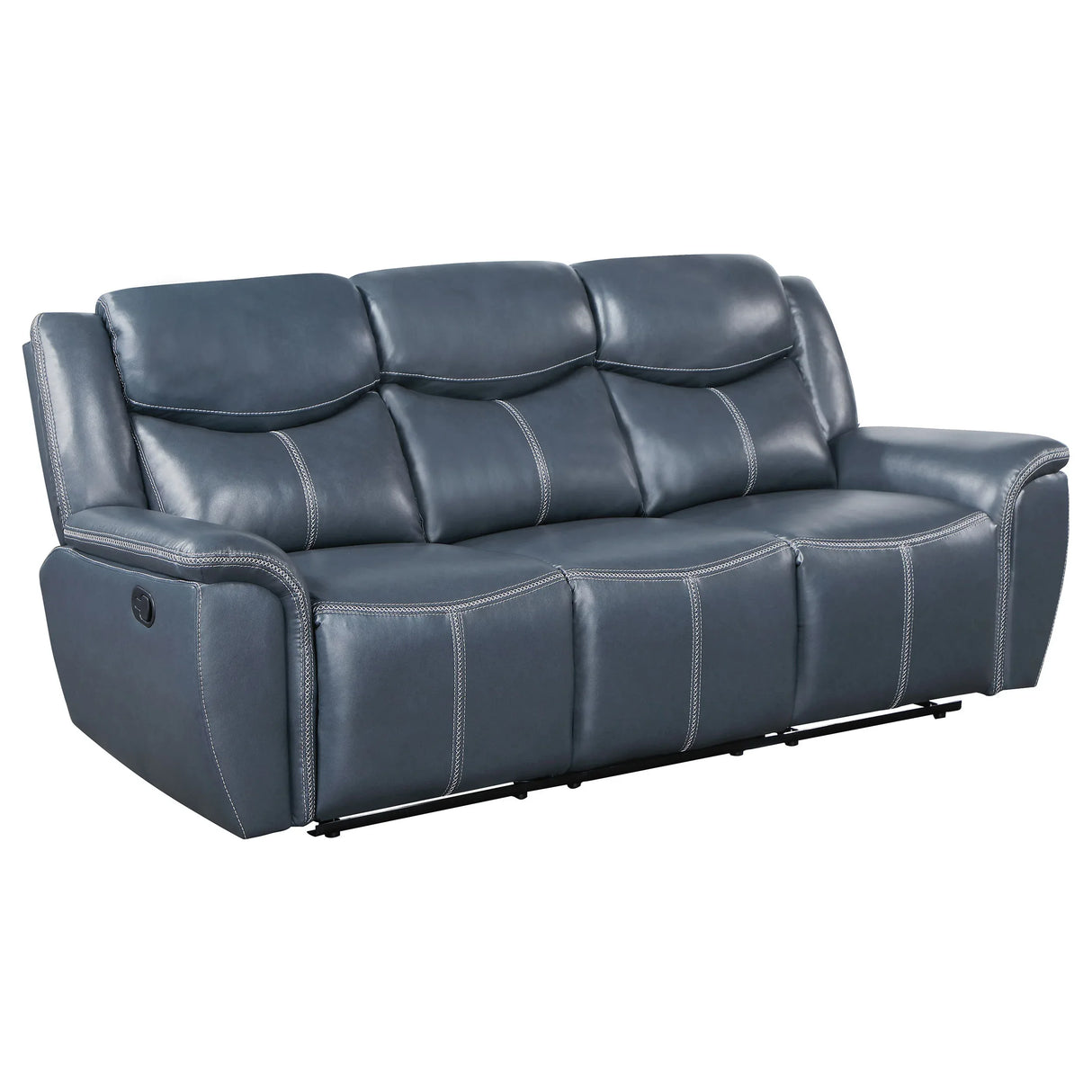 Blue Faux Leather Motion Reclining Sofa With Drop-Down Table - Omega Lifestyles