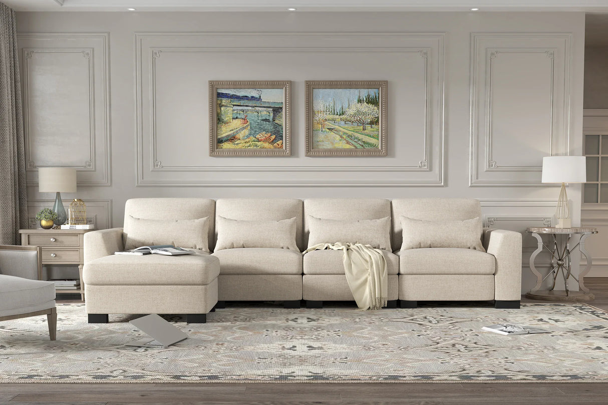 Beige Modular L-Shaped 5-Seat Foam Cushion Sofa With Ottoman - Omega Lifestyles