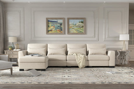 Beige Modular L-Shaped 5-Seat Foam Cushion Sofa With Ottoman - Omega Lifestyles