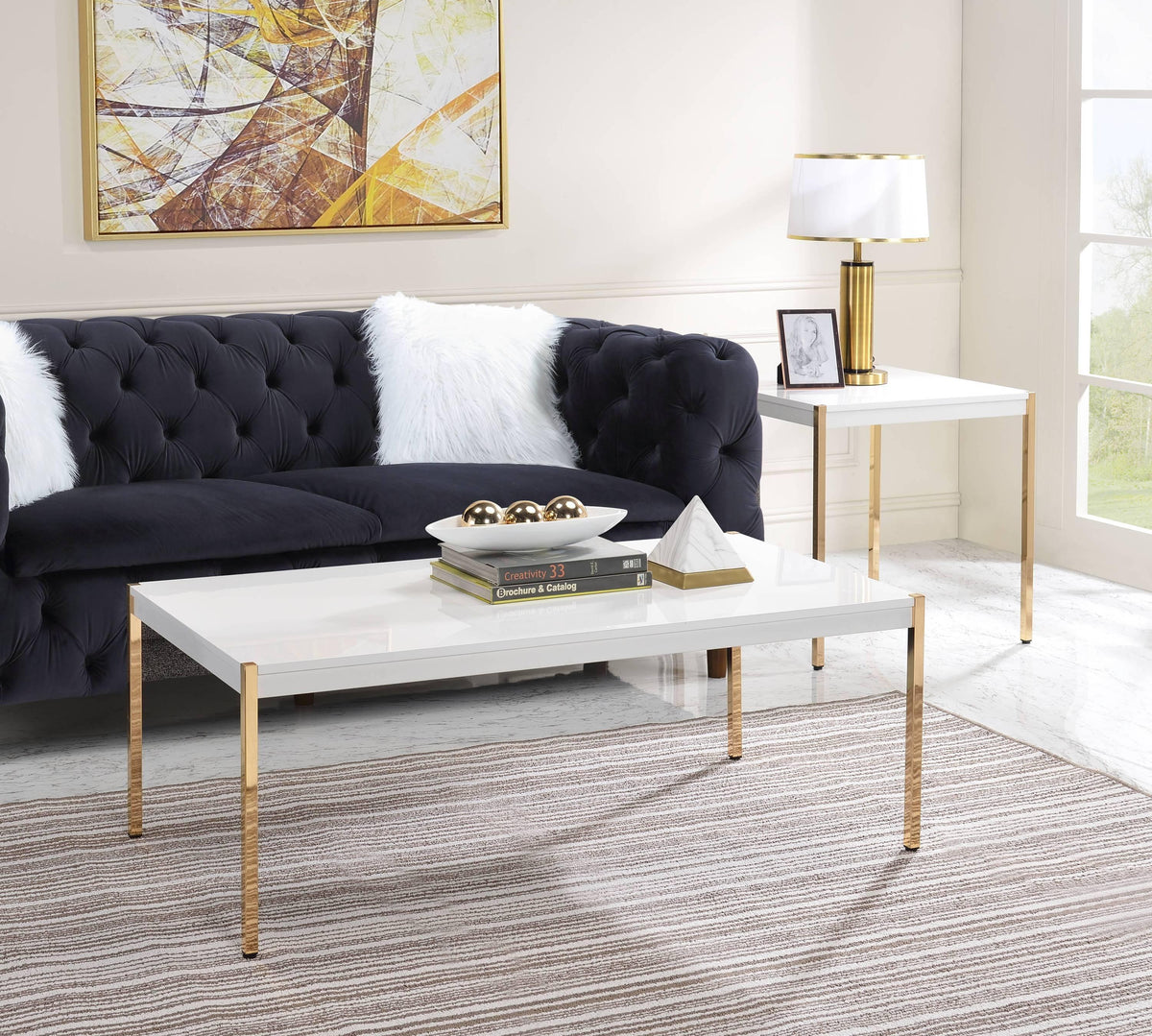 Minimalistic White Gold Finish Composite Wood Coffee Table - Omega Lifestyles