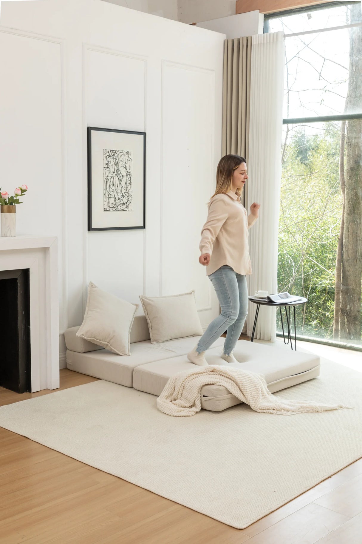 Foldable Corduroy Convertible Sofa Bed With Lumbar Pillow - Omega Lifestyles