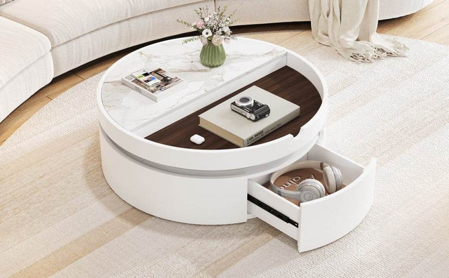 Modern White Walnut Round Lift-Top Coffee Table With Drawer - Omega Lifestyles
