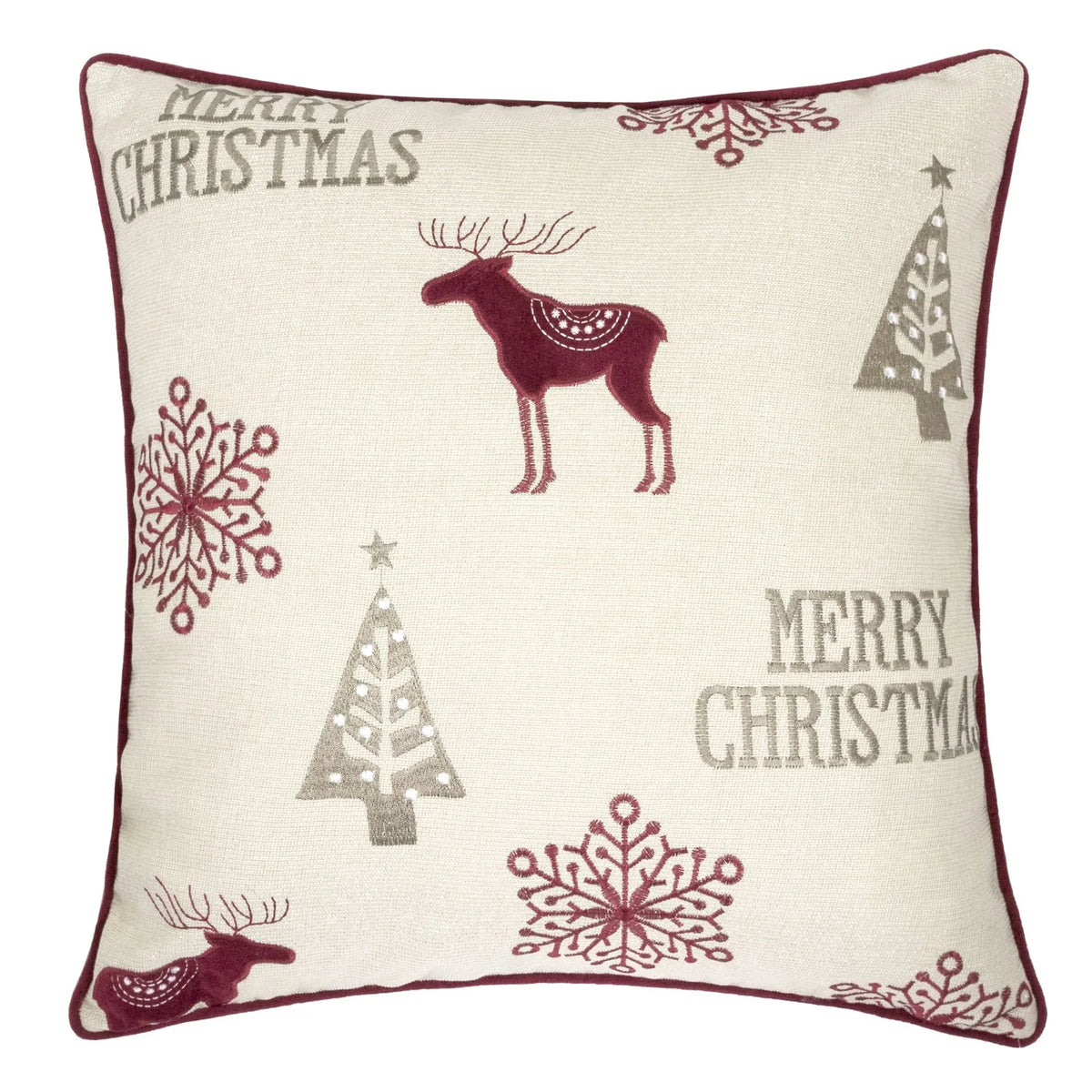 Merry Christmas Embroidered Poly Linen Throw Pillow 20x20-Inch - Omega Lifestyles