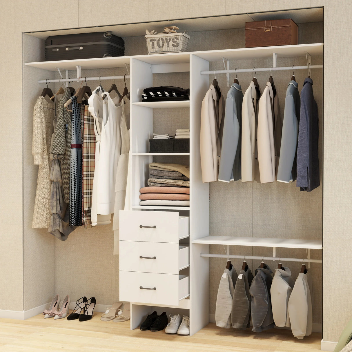 96-Inch White Adjustable Wood Metal Closet Organizer System - Omega Lifestyles