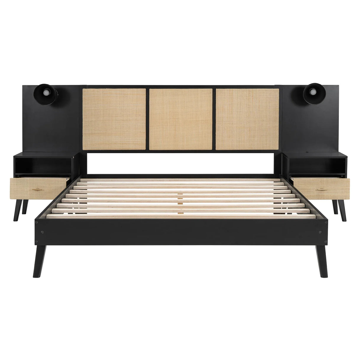 Queen Solid Wood Platform Bed Frame With Nightstands And Lamps - Omega Lifestyles