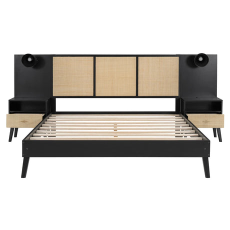 Queen Solid Wood Platform Bed Frame With Nightstands And Lamps - Omega Lifestyles