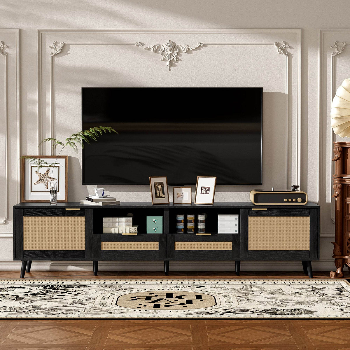 Modern Rattan TV Stand With Storage Cabinet - Sleep Galleria