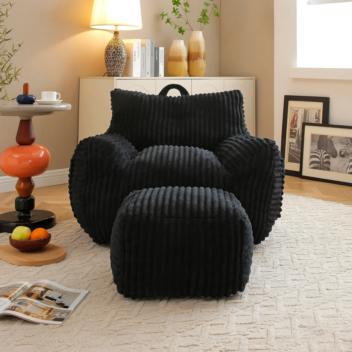 Medium-Soft Corduroy Bean Bag Chair With Footstool - Omega Lifestyles