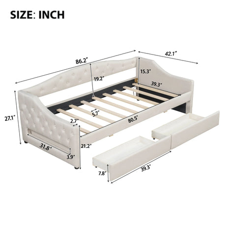 Twin XL Linen Upholstered Daybed With LED Lighting And Drawers - Omega Lifestyles