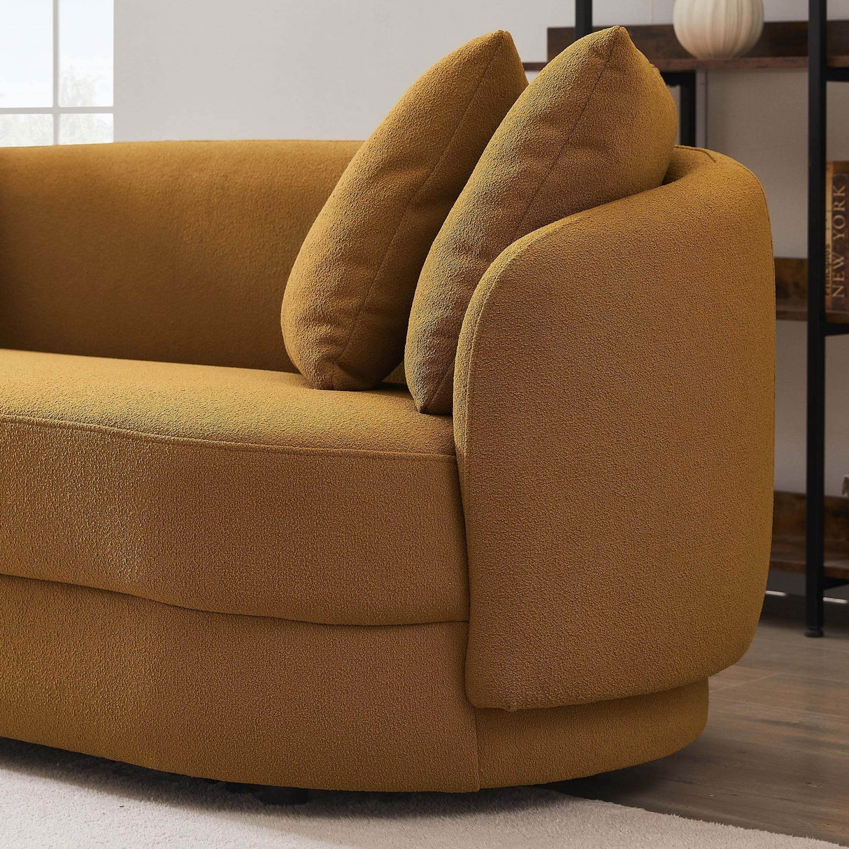Mid-Century Modern Dark Yellow Boucle Sofa - Omega Lifestyles