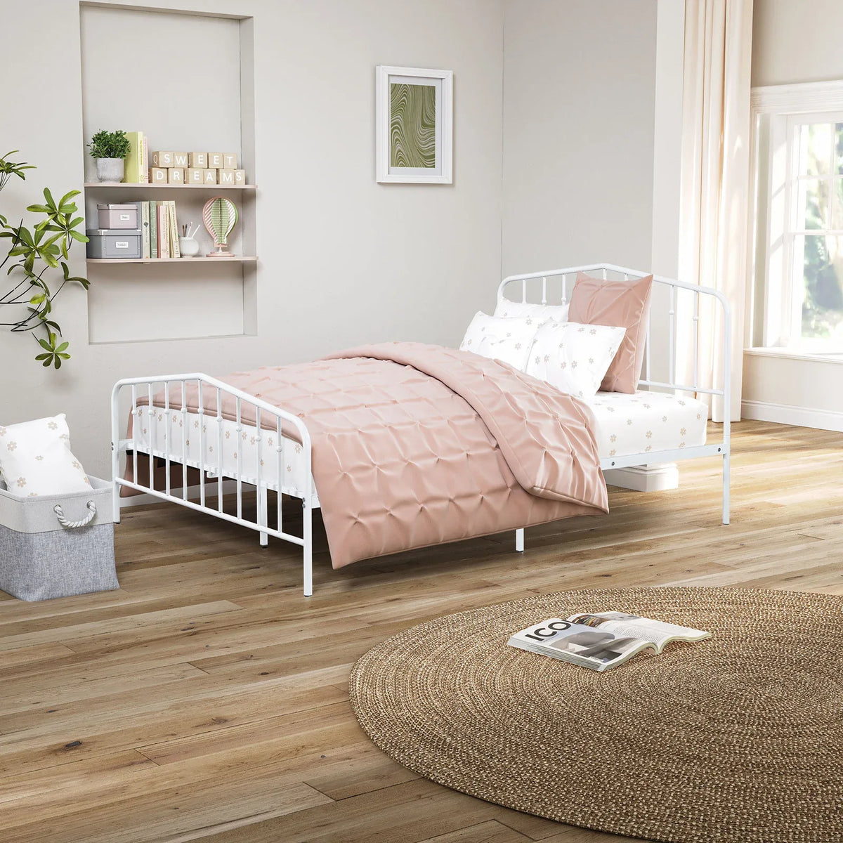 Full Size Contemporary White Metal Bed Frame Mattress Ready - Omega Lifestyles