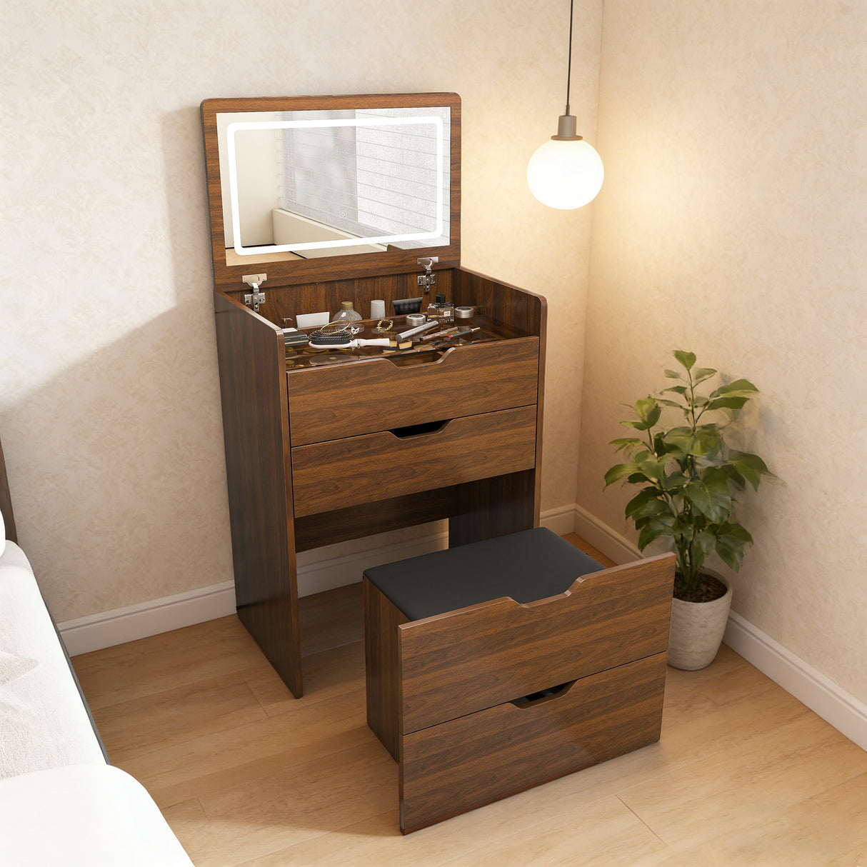 3-in-1 Vanity Desk With Lighted Mirror And Stool
