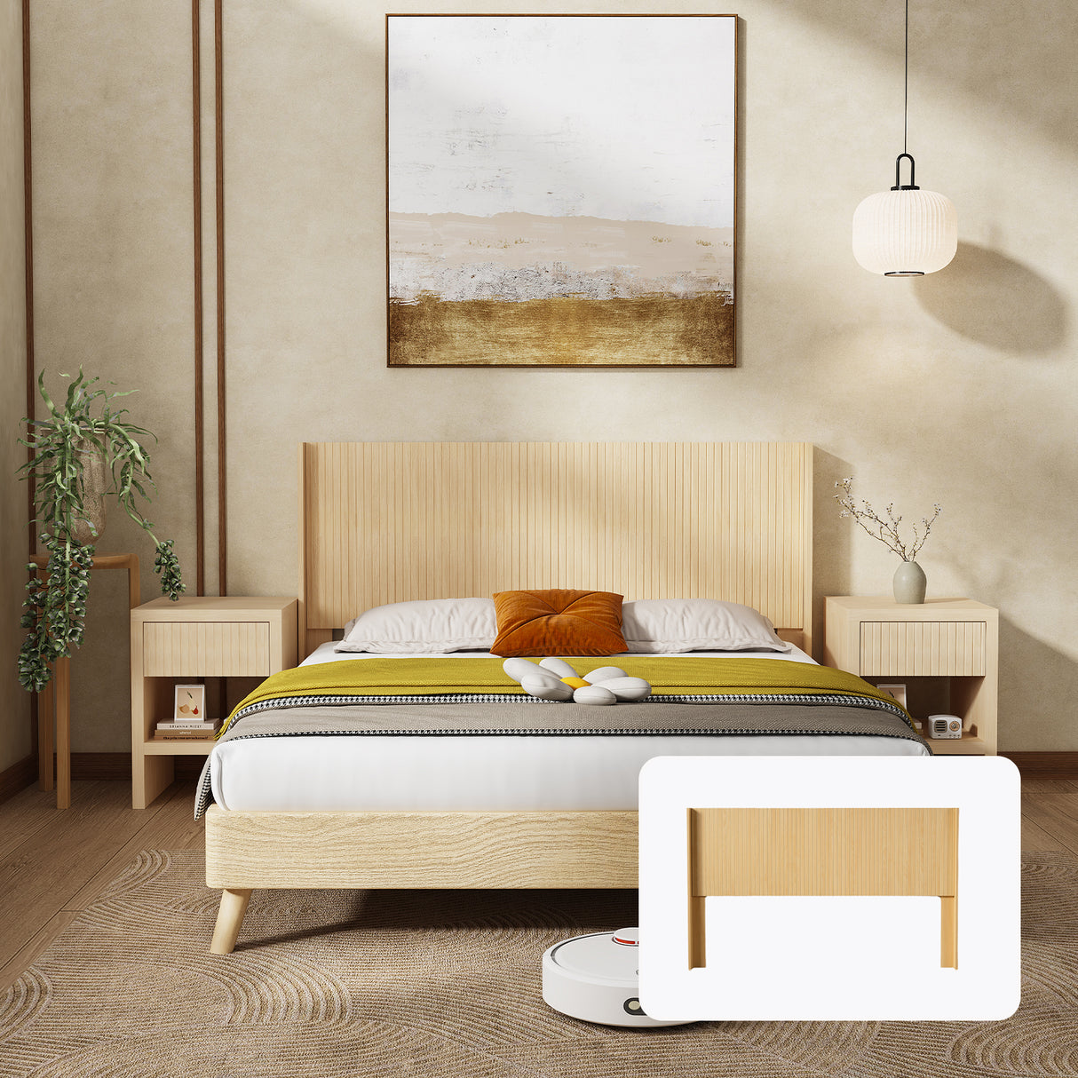 Light Natural Solid Wood Queen Wingback Fluted Panel Headboard