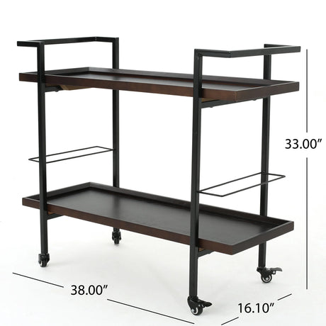 Modern Industrial Walnut Wood Rolling Bar Cart - Omega Lifestyles