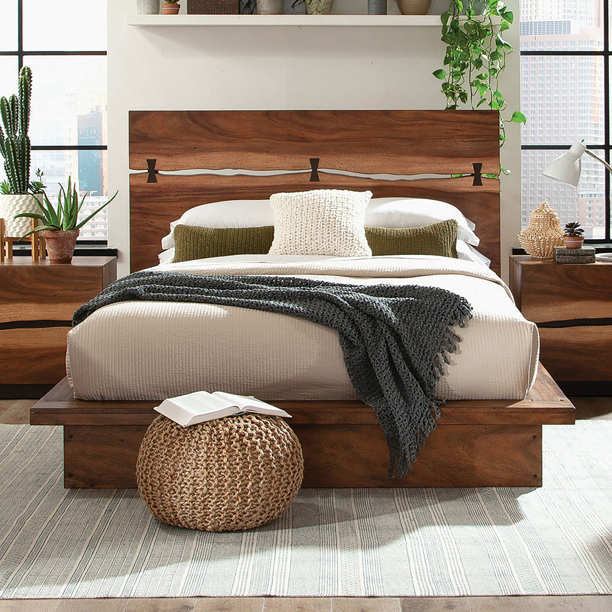Queen Farmhouse Smokey Walnut Wood Platform Bed