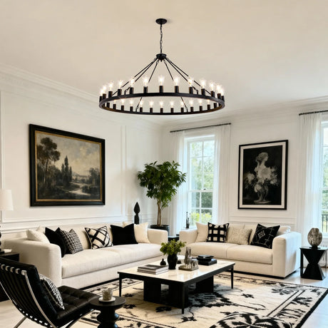 Matte Black Wagon Wheel 30-Light Metal Chandelier - Omega Lifestyles