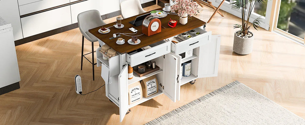 Farmhouse Style Rolling Kitchen Island With Power Outlet - Omega Lifestyles