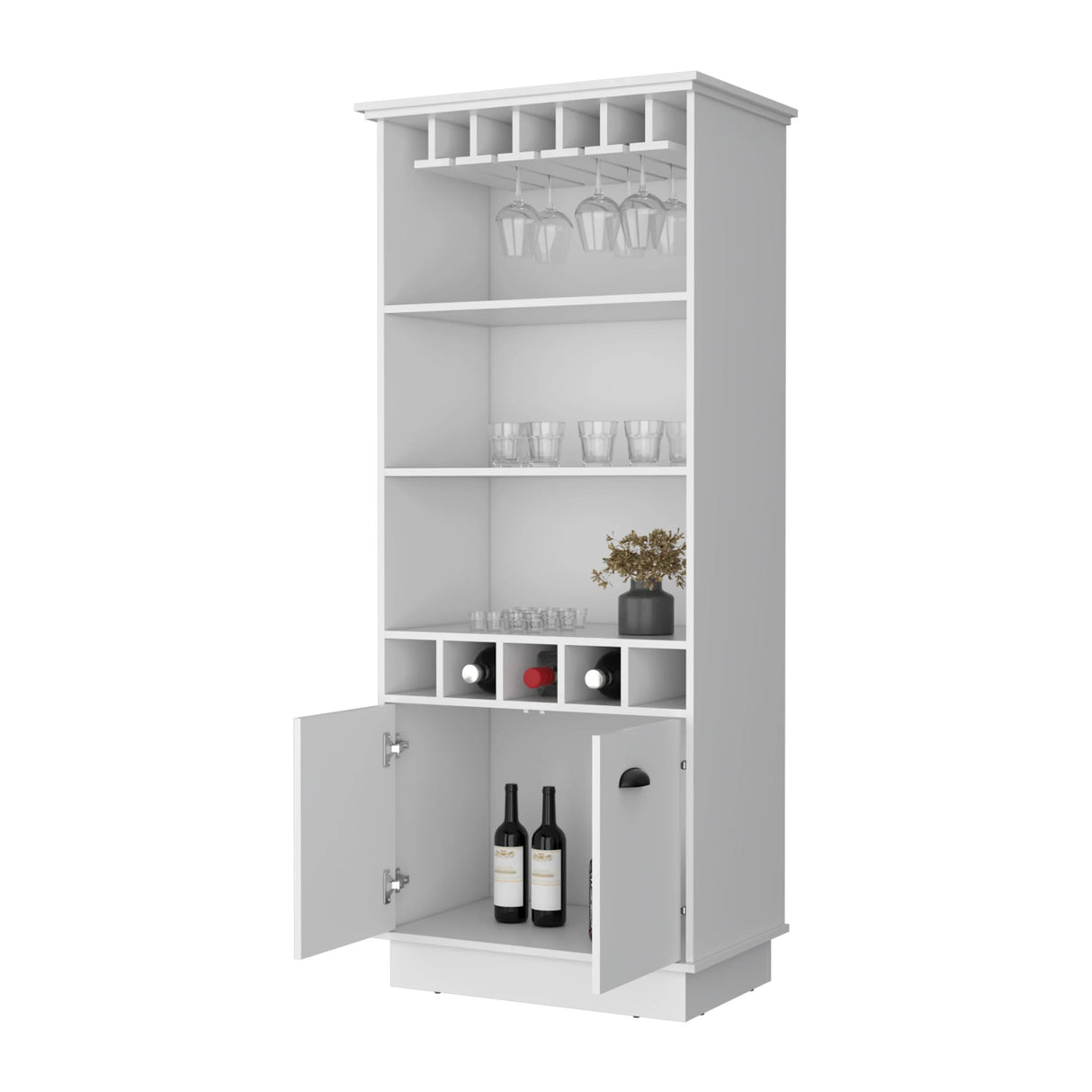 Modern White Bar Cabinet With Glassware And Bottle Racks - Omega Lifestyles