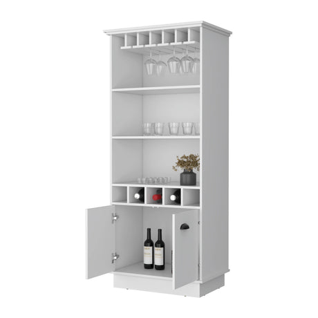 Modern White Bar Cabinet With Glassware And Bottle Racks - Omega Lifestyles