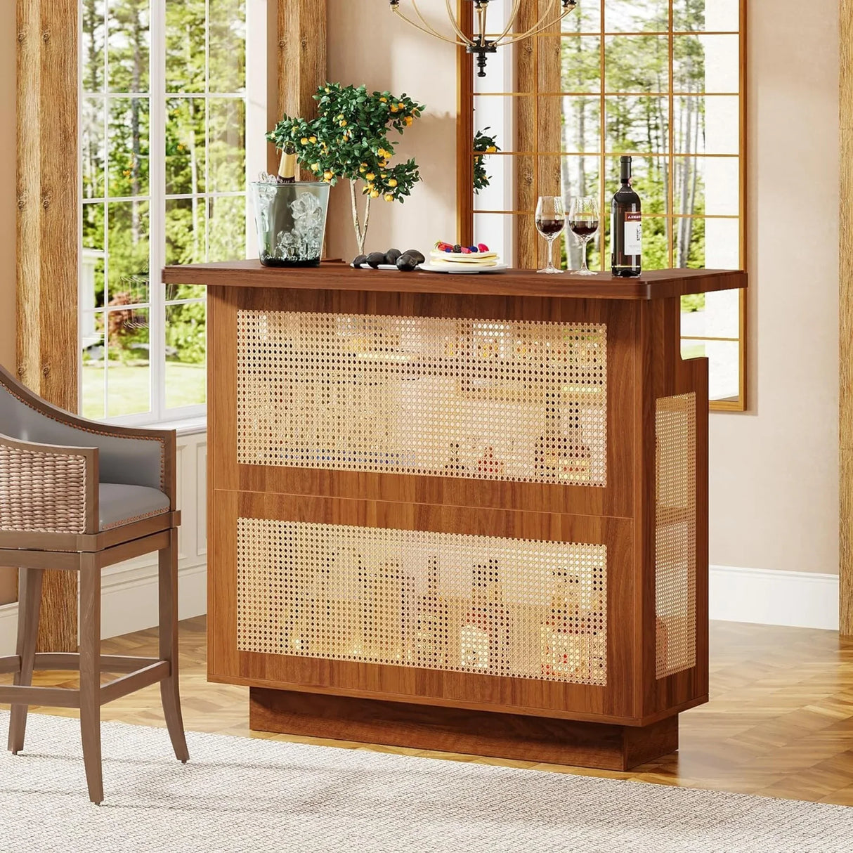 Farmhouse Rattan 4-Tier Liquor Cabinet Home Bar - Omega Lifestyles