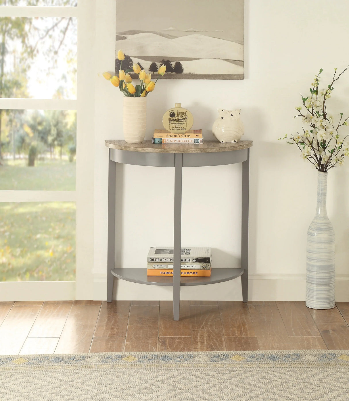 Natural Oak Gray Finish Half-Moon Console Table - Omega Lifestyles