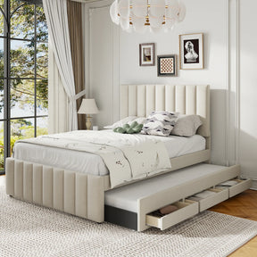 Full Full Size Upholstered Linen Platform Bed With Trundle - Omega Lifestyles