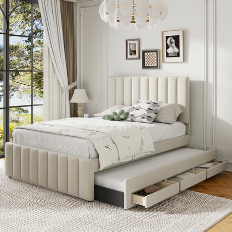 Full Full Size Upholstered Linen Platform Bed With Trundle - Omega Lifestyles