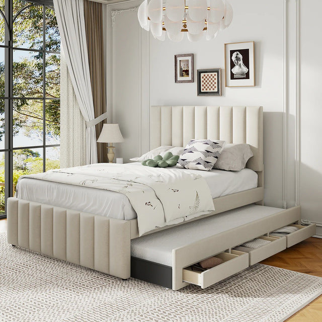 Full Full Size Upholstered Linen Platform Bed With Trundle - Omega Lifestyles