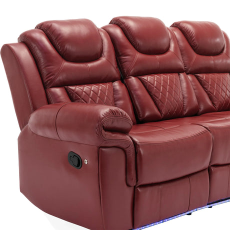 Wine Red Faux Leather Manual Recliner Sofa Set With LED Strip - Omega Lifestyles