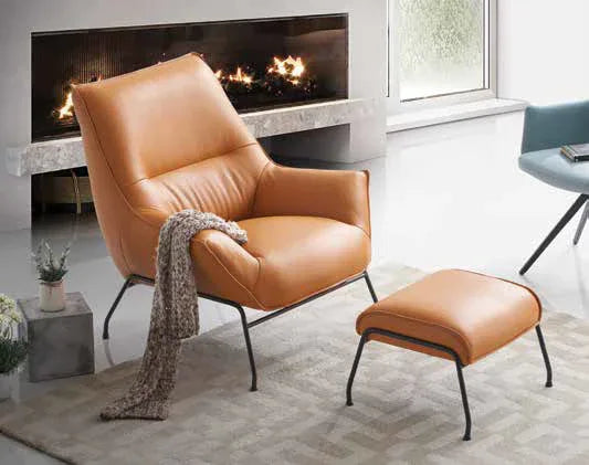 Sandstone Top Grain Leather Accent Chair With Ottoman - Omega Lifestyles