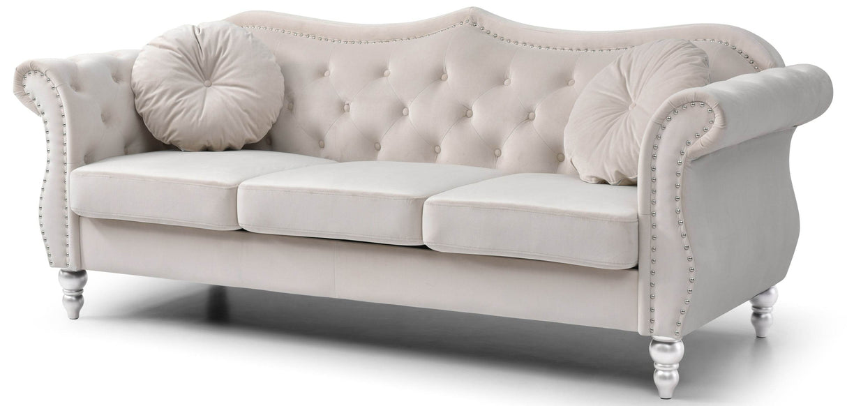 Ivory Velvet 3-Seat Tufted Sofa With Nailhead Trim - Omega Lifestyles