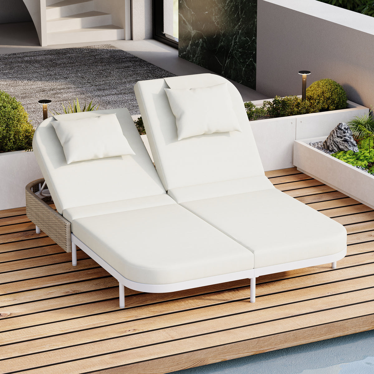 Outdoor Rattan Daybed With Adjustable Backrest And Cushions