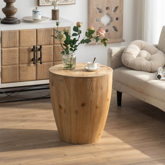 Vintage Fir Wood Barrel Shaped Coffee Table With Storage - Omega Lifestyles