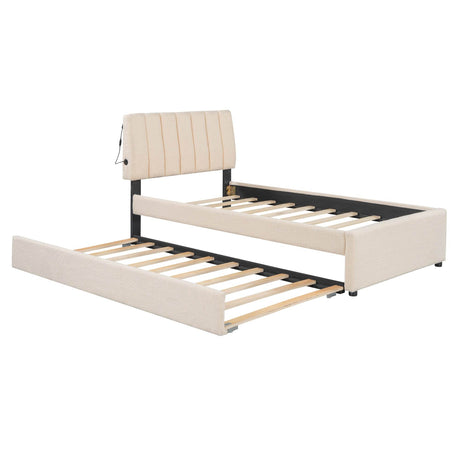 Twin Upholstered Platform Bed With LED Light Trundle - Omega Lifestyles