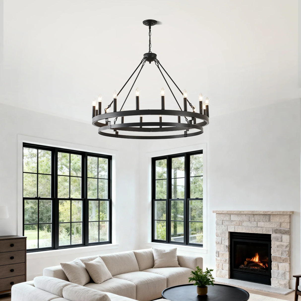 39-Inch 16-Light Matte Black Wagon Wheel Chandelier - Omega Lifestyles