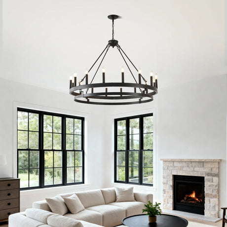 39-Inch 16-Light Matte Black Wagon Wheel Chandelier - Omega Lifestyles