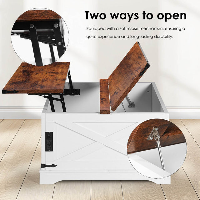 Lift-Top Rustic Coffee Table With Storage And Charging Station - Omega Lifestyles