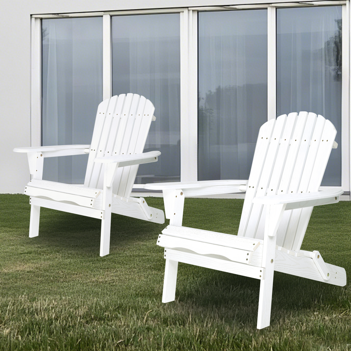 Set Of 2 White Solid Cedar Wood Folding Adirondack Chairs