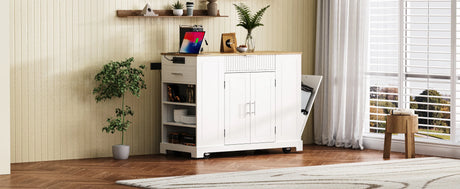 Fluted Rubber Wood Kitchen Island With Tilt-Out Trash Can - Omega Lifestyles