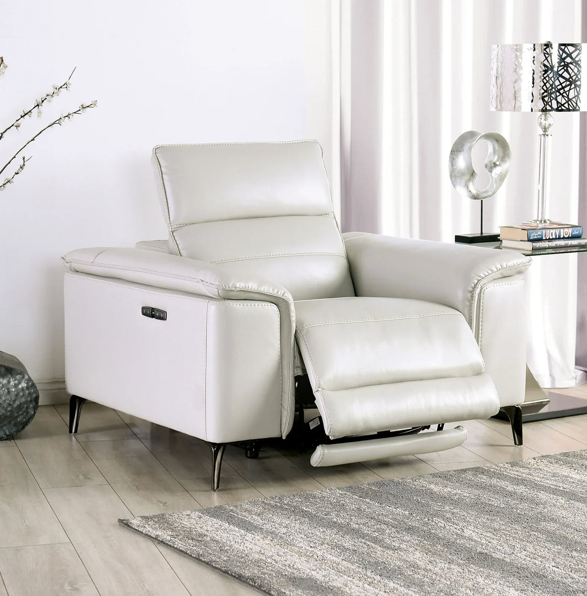 Contemporary Light Taupe Power Recliner With Pillow Top Arms - Omega Lifestyles