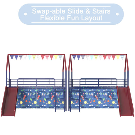 Twin Metal Junior House Loft Bed With Slide And Curtain - Omega Lifestyles