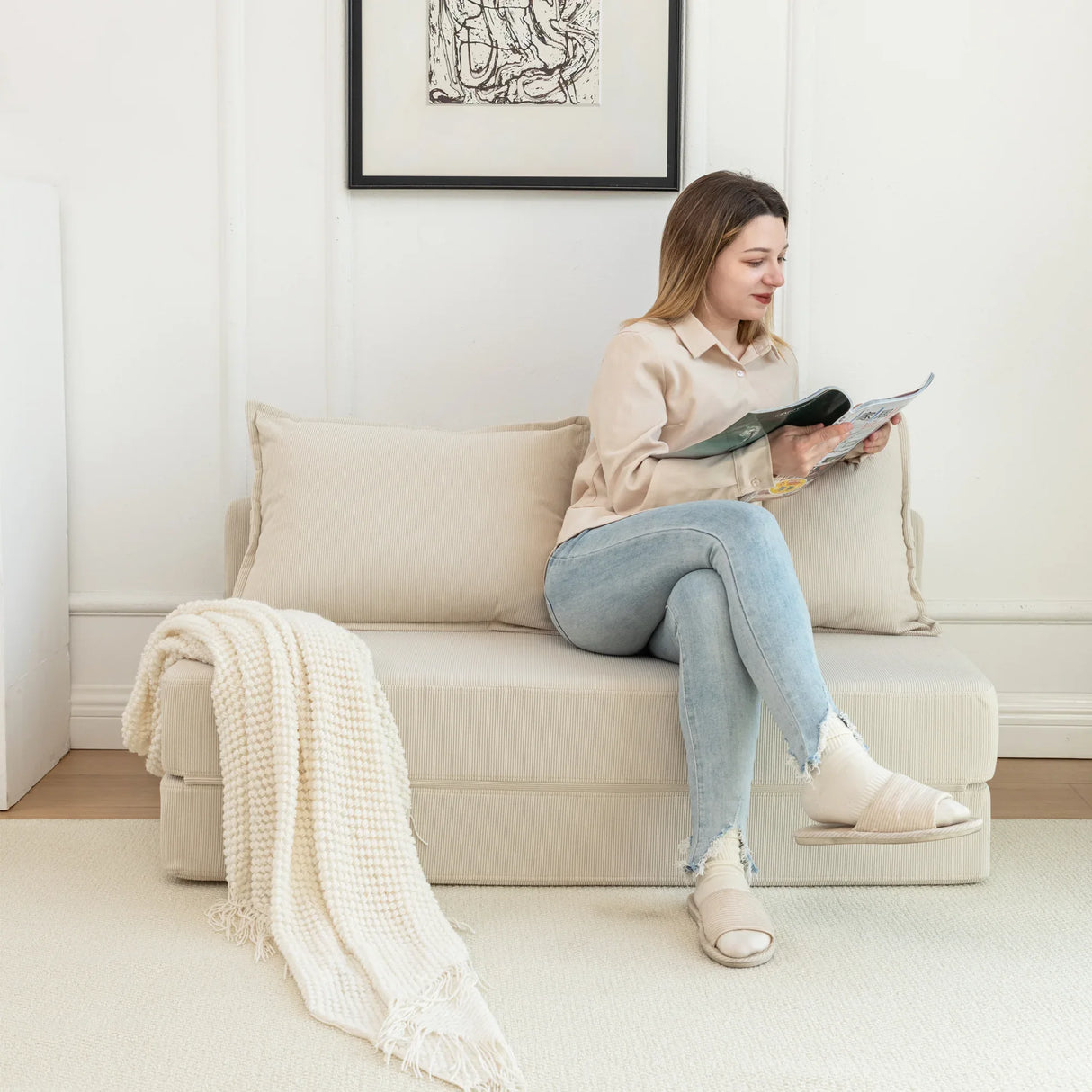 Foldable Corduroy Convertible Sofa Bed With Lumbar Pillow - Omega Lifestyles