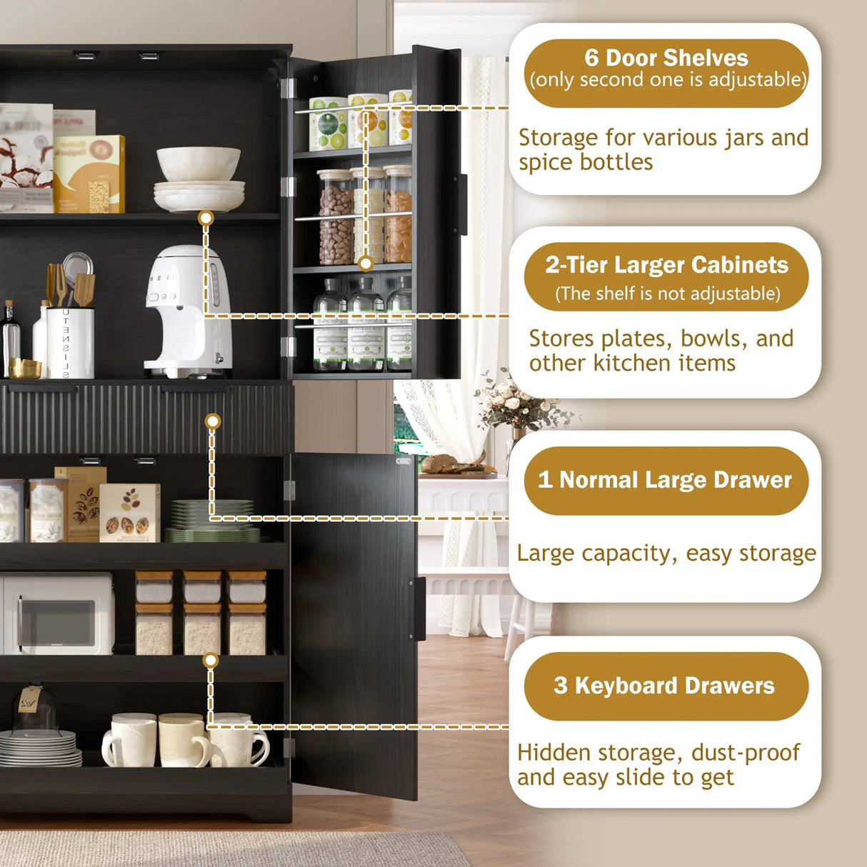 Fluted Freestanding Kitchen Pantry Cabinet With Drawers - Omega Lifestyles