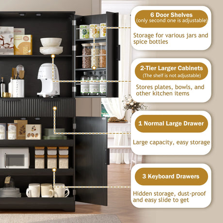 Fluted Freestanding Kitchen Pantry Cabinet With Drawers - Omega Lifestyles
