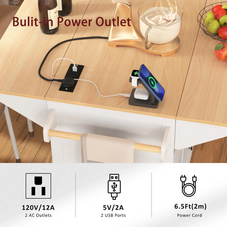 Folding Kitchen Island Cart With Power Outlet and Storage - Omega Lifestyles