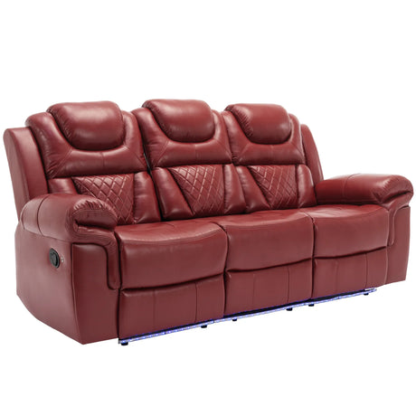 Wine Red Faux Leather Manual Recliner Sofa Set With LED Strip - Omega Lifestyles