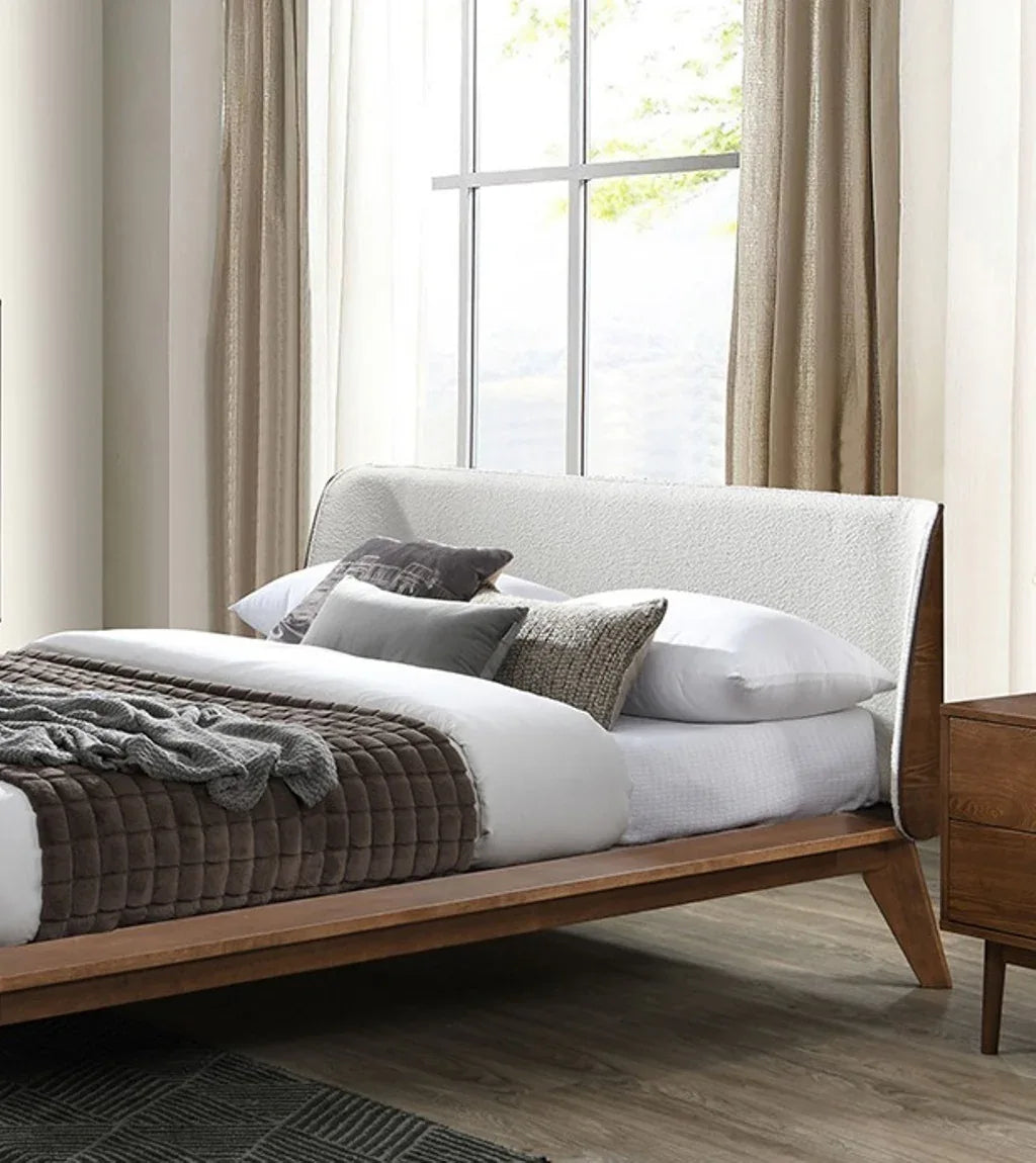 Queen Mid-Century Modern Walnut Fabric Winged Edge Bed Frame - Omega Lifestyles