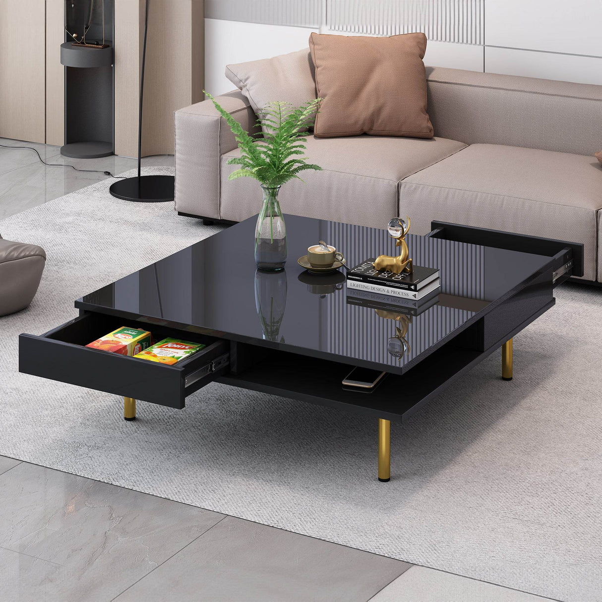 High Gloss Black Coffee Table With Drawers - Omega Lifestyles